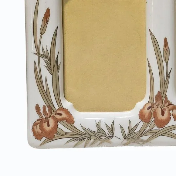 Vtg Picture Frame Porcelain Orchid Orange Floral Metallic Copper Accents Japan - Picture 4 of 10